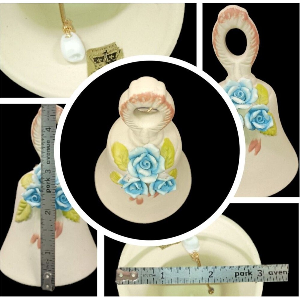 Flambro Ivory Bisque Porcelain Blue Rose Floral SW Theme Bell Capodimonte 4.5"